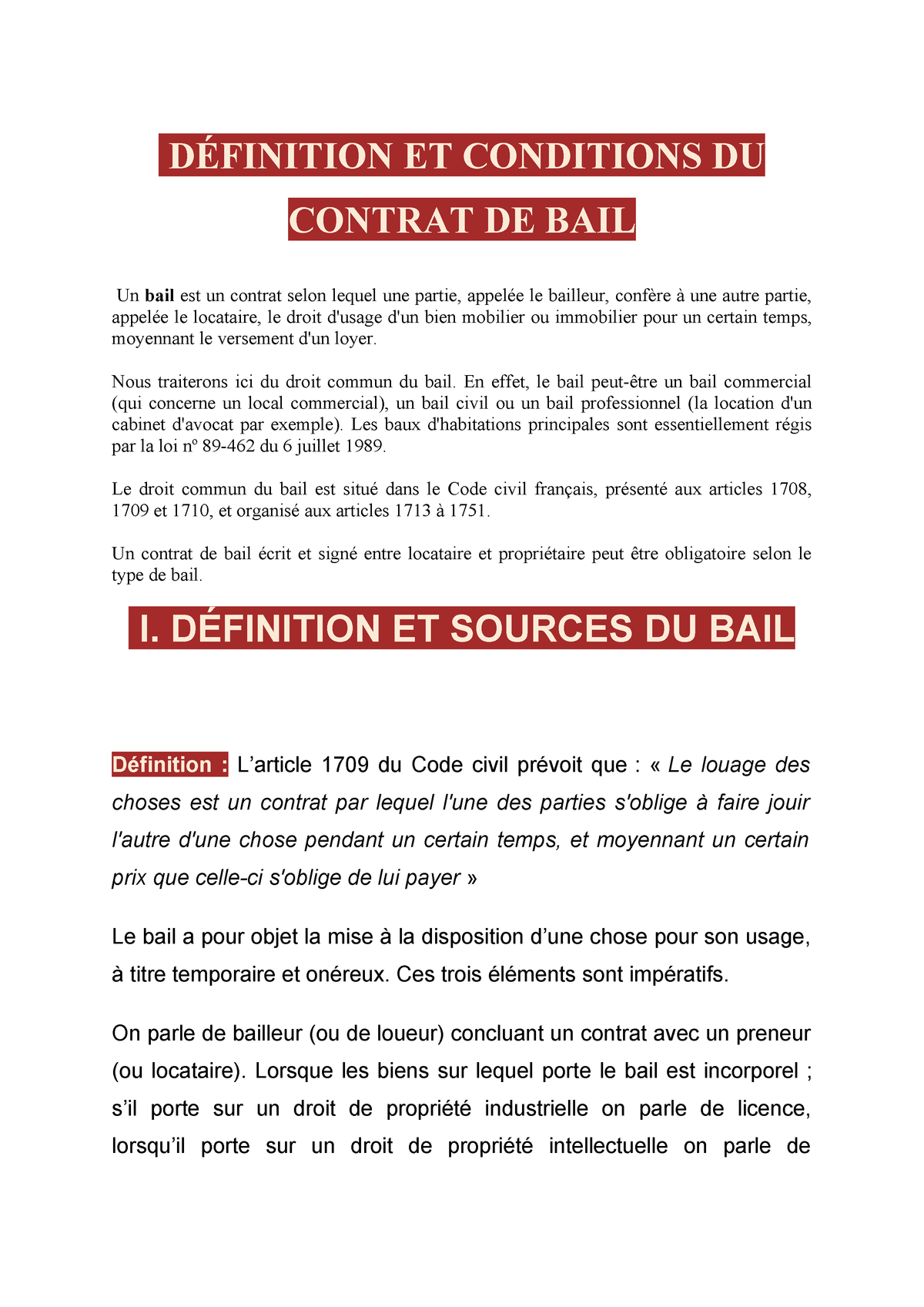 Contrat De Bail Lecture Notes 1 Lm311 Uom Studocu