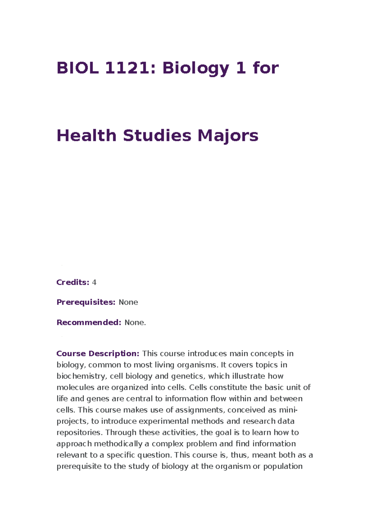 BIOL 1121 Syllabus - BIOL 1121: Biology 1 For Health Studies Majors ...