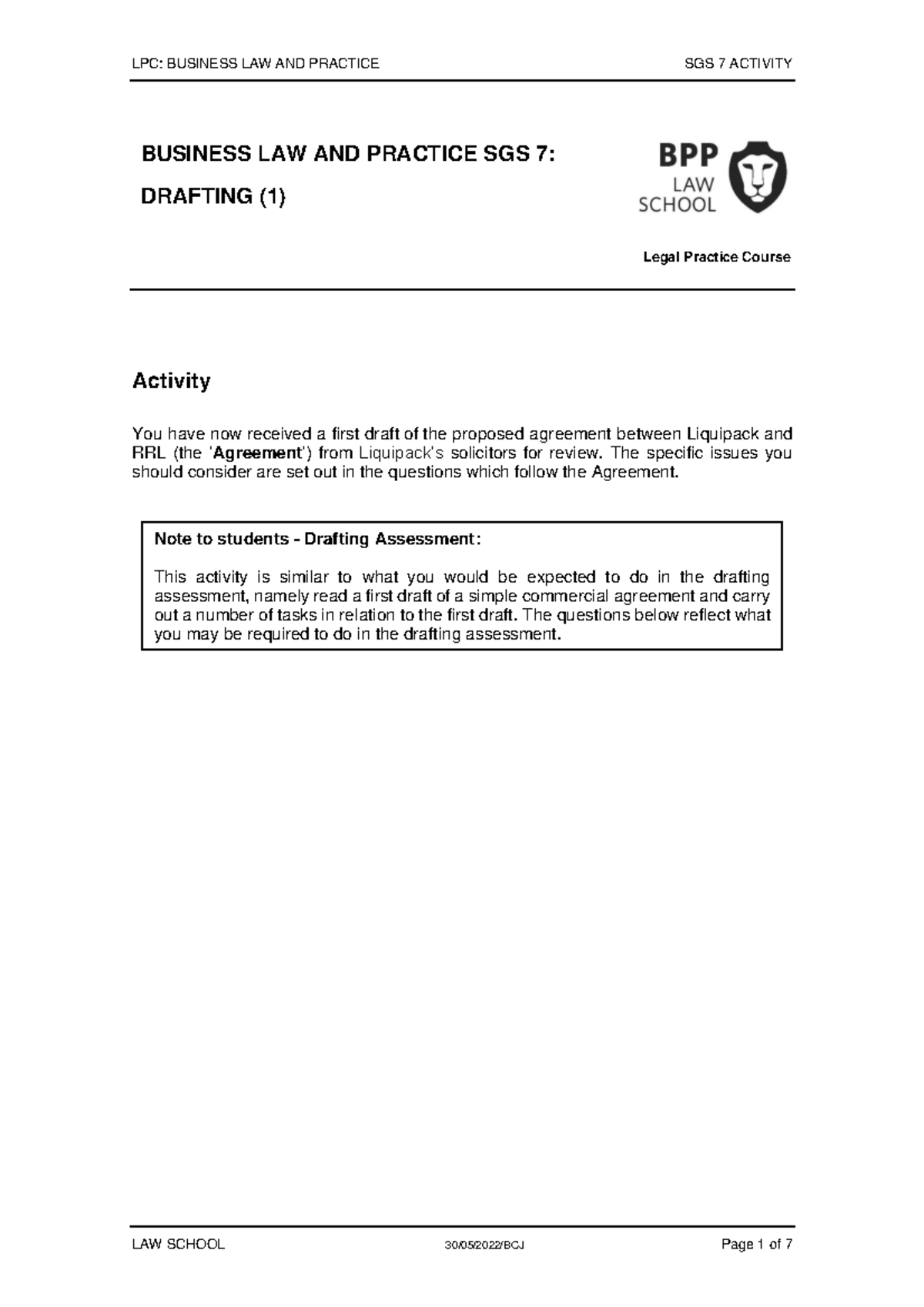BLP SGS 7 Activity 2022-23 - LPC: BUSINESS LAW AND PRACTICE SGS 7 ...