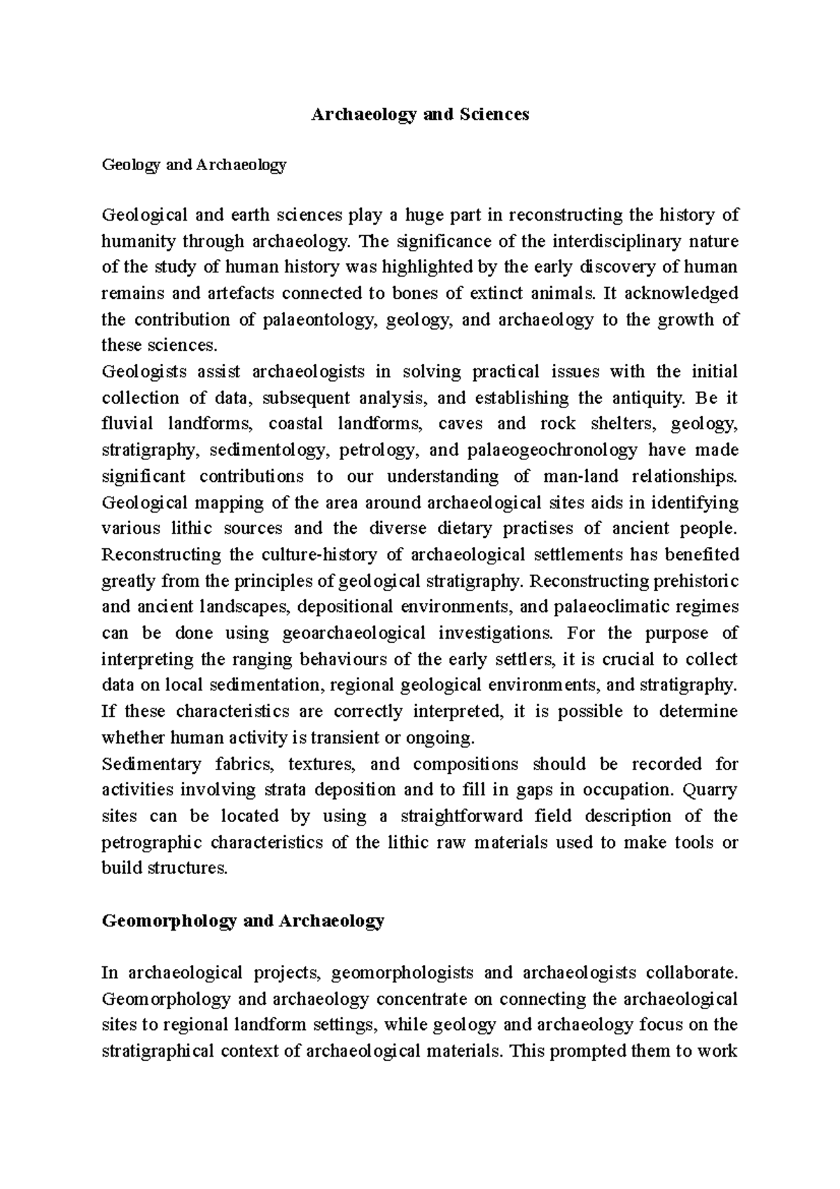 Archaeology and Sciences Archaeology and Sciences Geology and