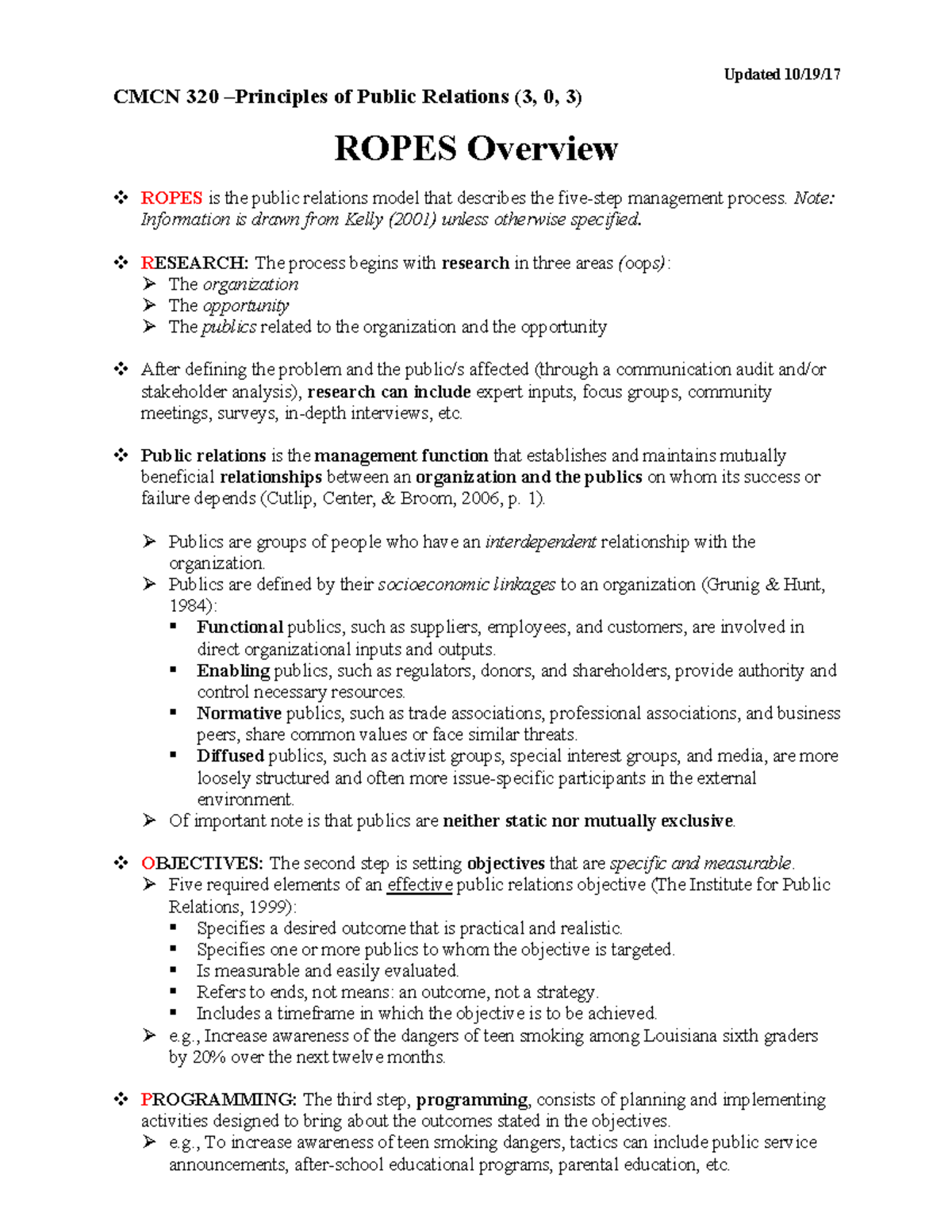 Ropes Process Spring 23' Updated 10/19/ CMCN 320 Principles of