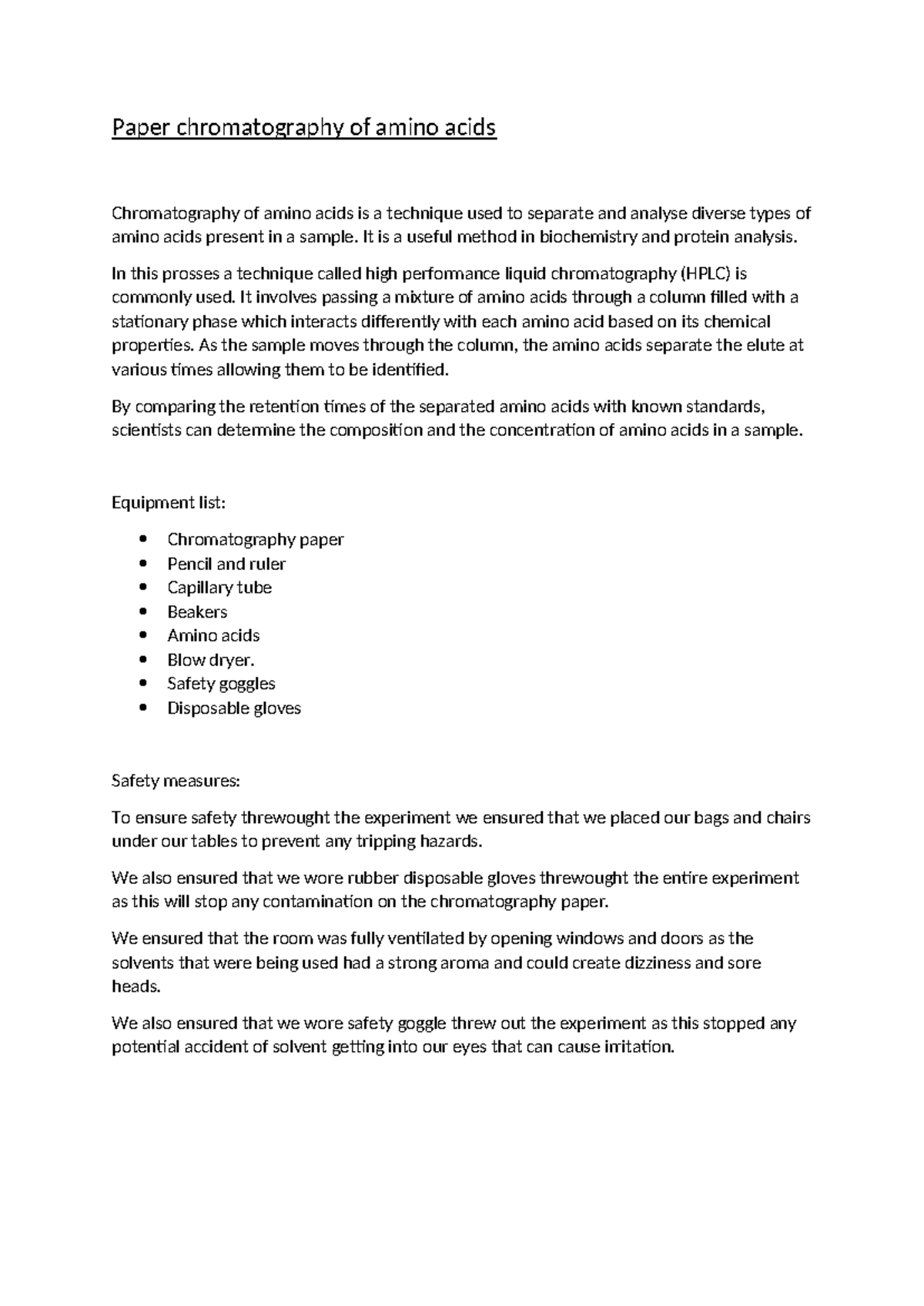 Paper chromatography of amino acids Paper chromatography of amino