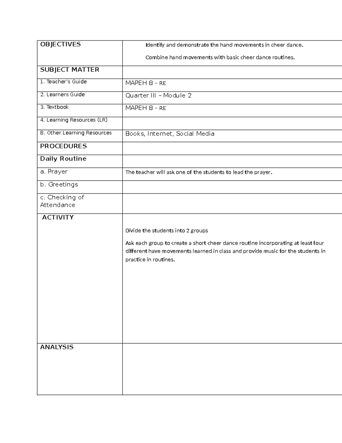 Mapeh-8-P - OBJECTIVES Identify and demonstrate the hand movements in ...