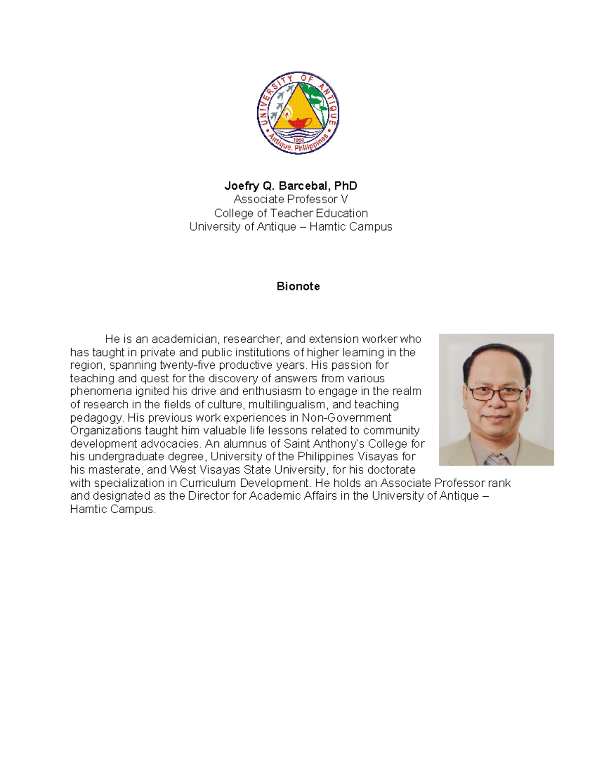 JBarcebal Bionote - Author's Profile - Bionote He is an academician ...