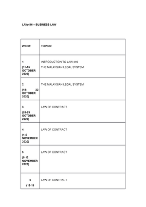 Skema Kerja Law416 Law416 Business Law Week Topics 1 11 October 2020 Introduction To Law Studocu