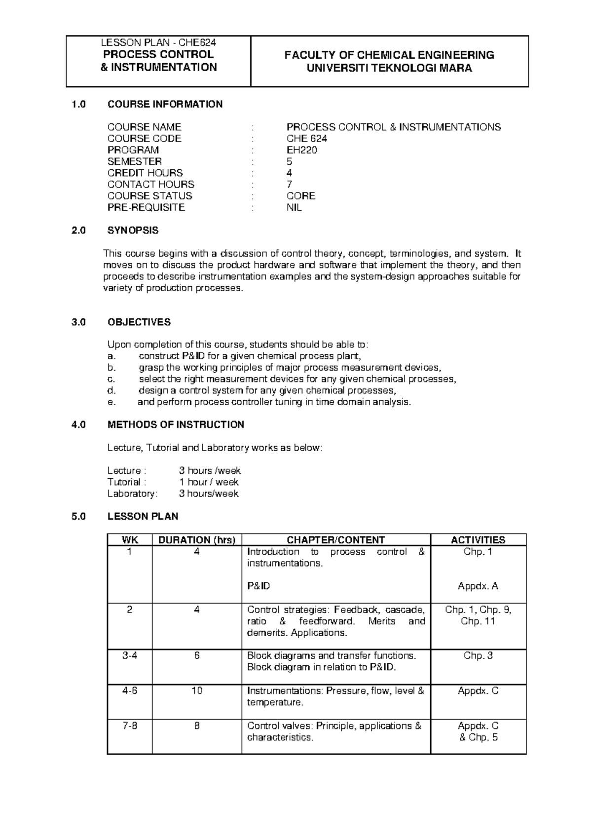 Lesson Plan - PROCESS CONTROL & INSTRUMENTATION FACULTY OF CHEMICAL ...