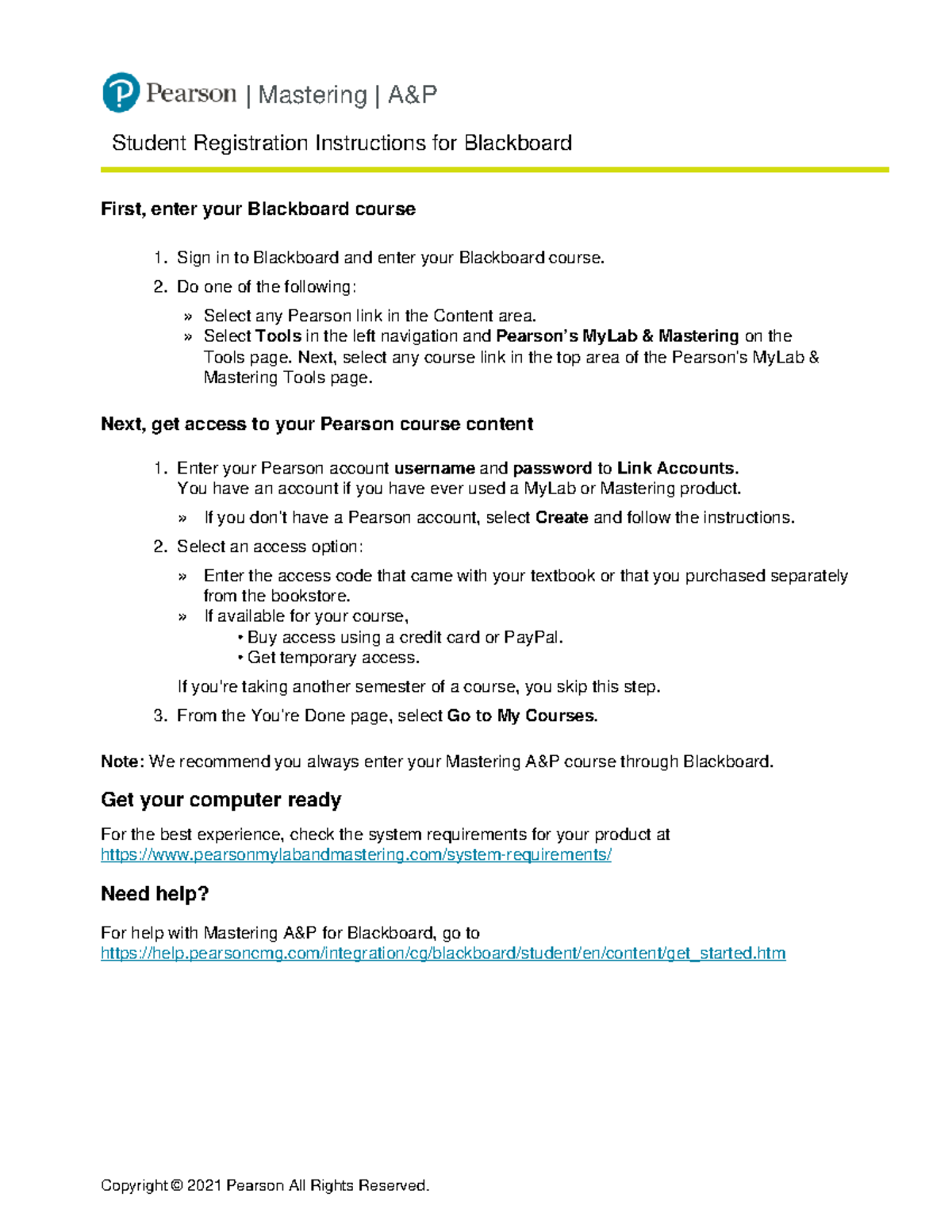 Pearson Student Registration Handout Instructions Mastering A&P
