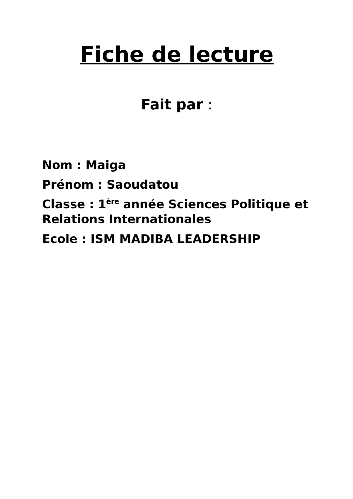 Fiche De Lecture Sociologie - Fiche De Lecture Fait Par : Nom : Maiga ...