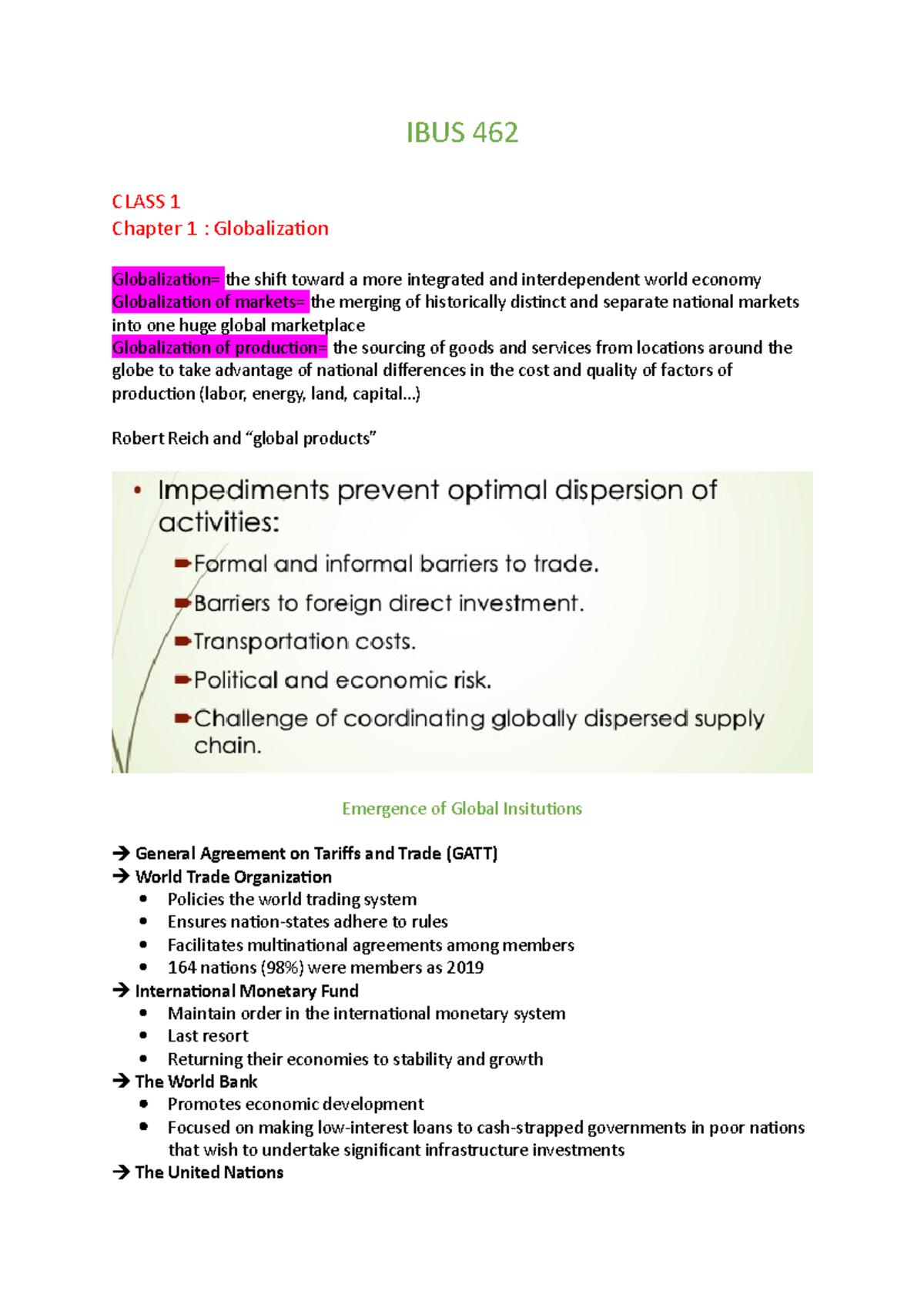 IBUS 462 - Notes - IBUS 462 CLASS 1 Chapter 1 : Globalization ...