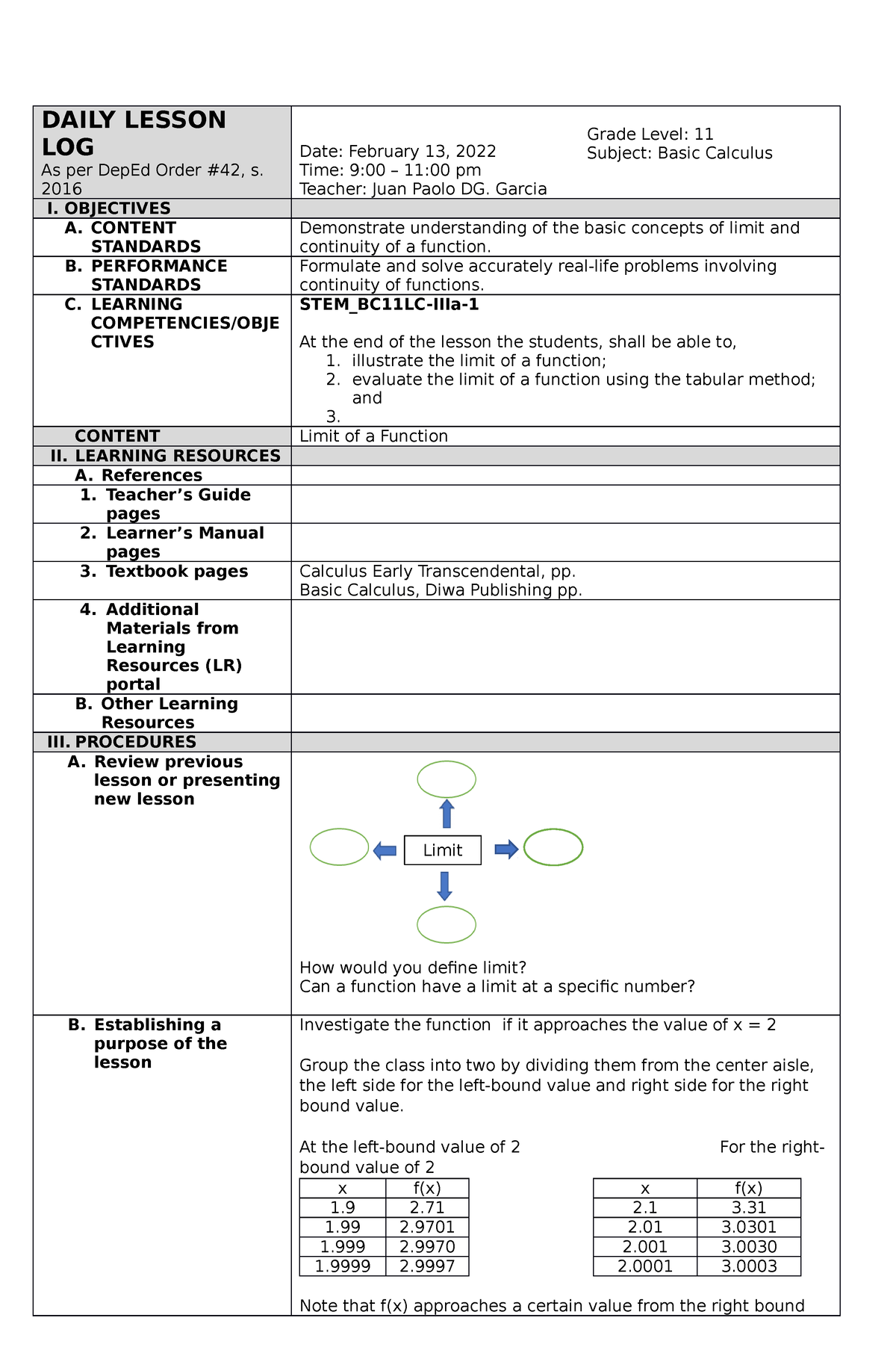 DLL Week 1 Day 1 Limit Of A Function - DAILY LESSON LOG As Per DepEd ...