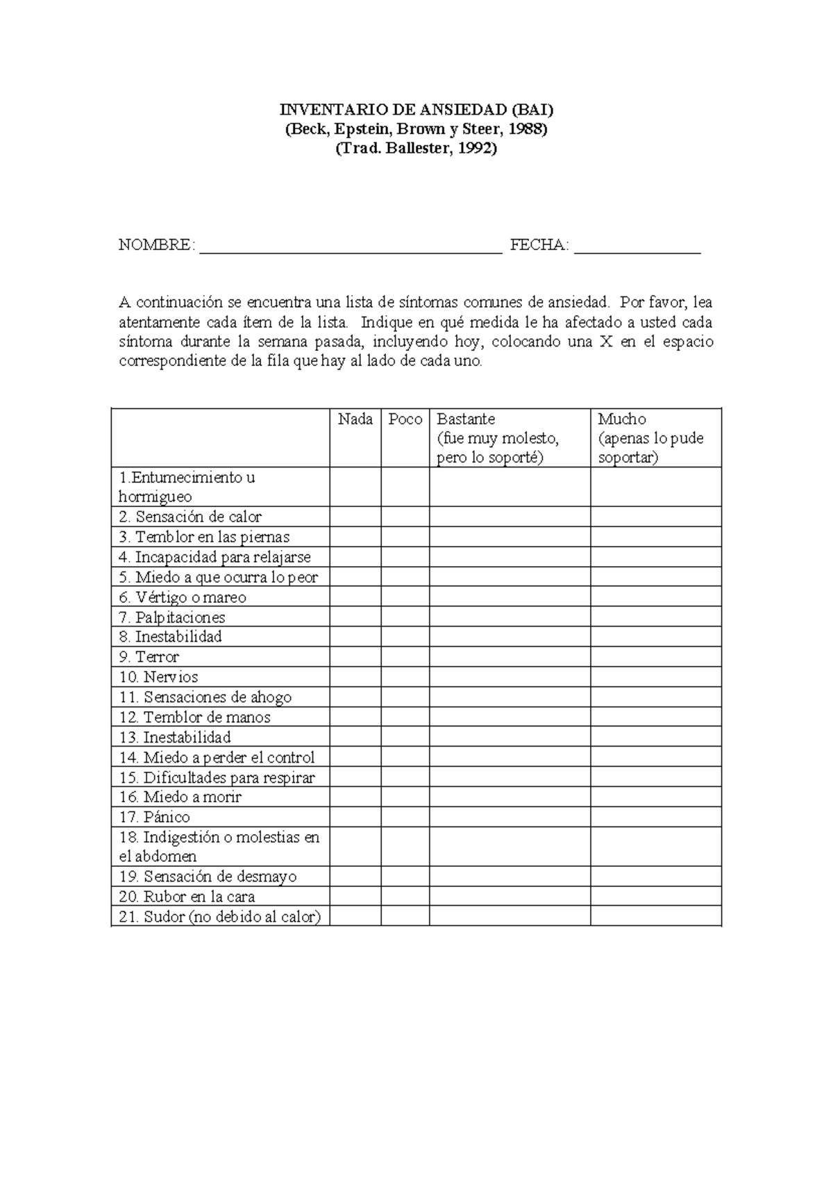 BAI - instrumento - INVENTARIO DE ANSIEDAD (BAI) (Beck, Epstein, Brown ...