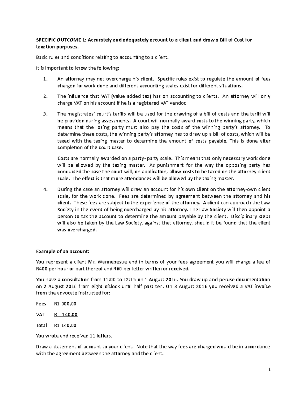 Learning 1 Calculation on the bill of cost SPECIFIC
