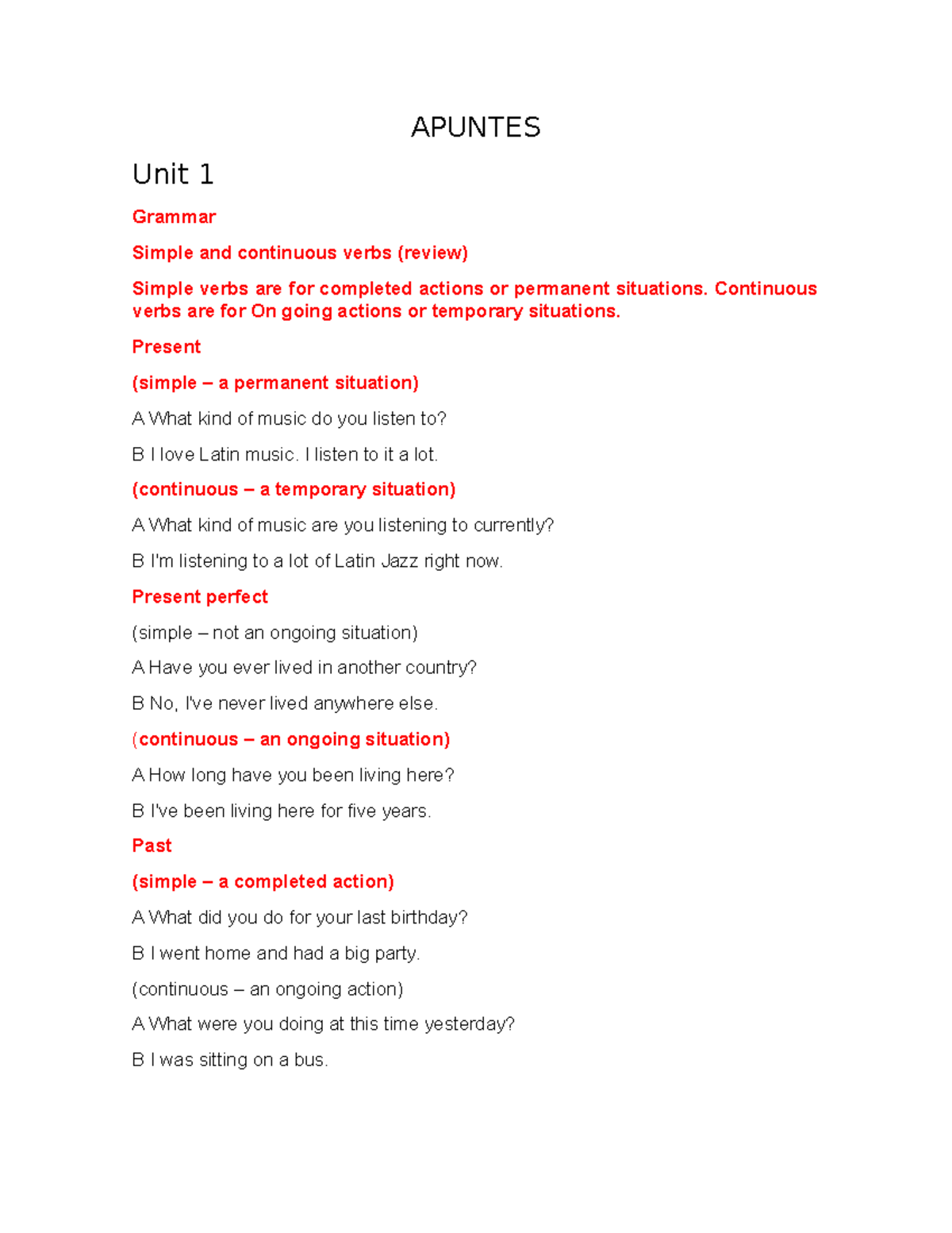 Apuntes - APUNTES Unit 1 Grammar Simple and continuous verbs (review ...