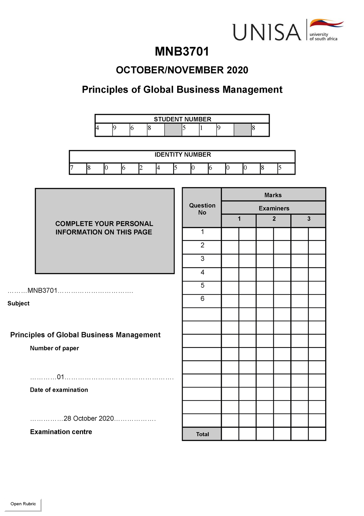 MNB3701 Exam Answers MNB OCTOBER/NOVEMBER 2020 Principles of Global