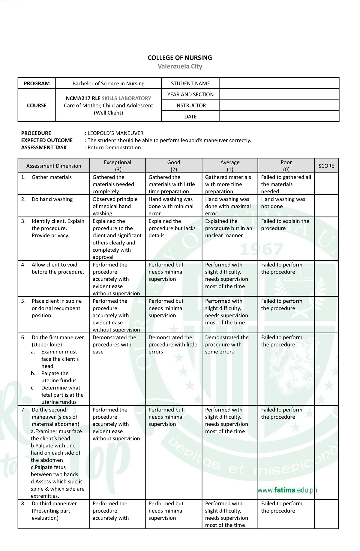 2021 Rubrics NCMA217 RLE SL Leopold S Maneuver COLLEGE OF NURSING   Thumb 1200 1835 