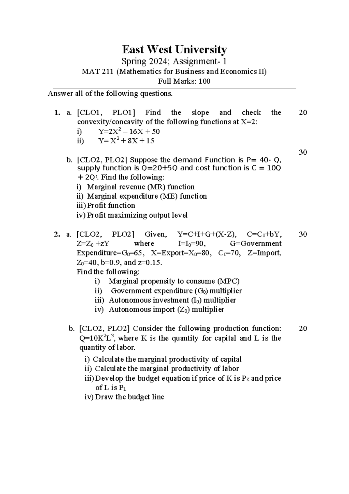 [242] Math 211-Assignment 1 - East West University Spring 2024 ...