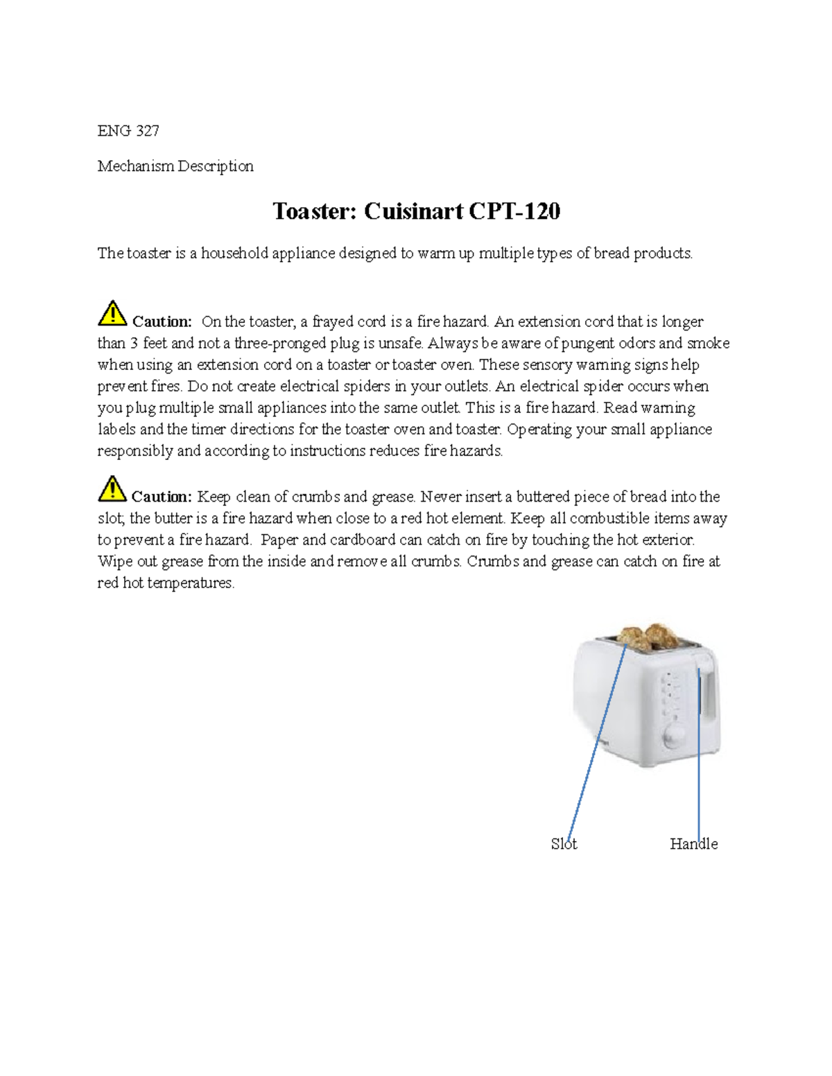 ENG 327 Mechanism description ENG 327 Mechanism Description Toaster