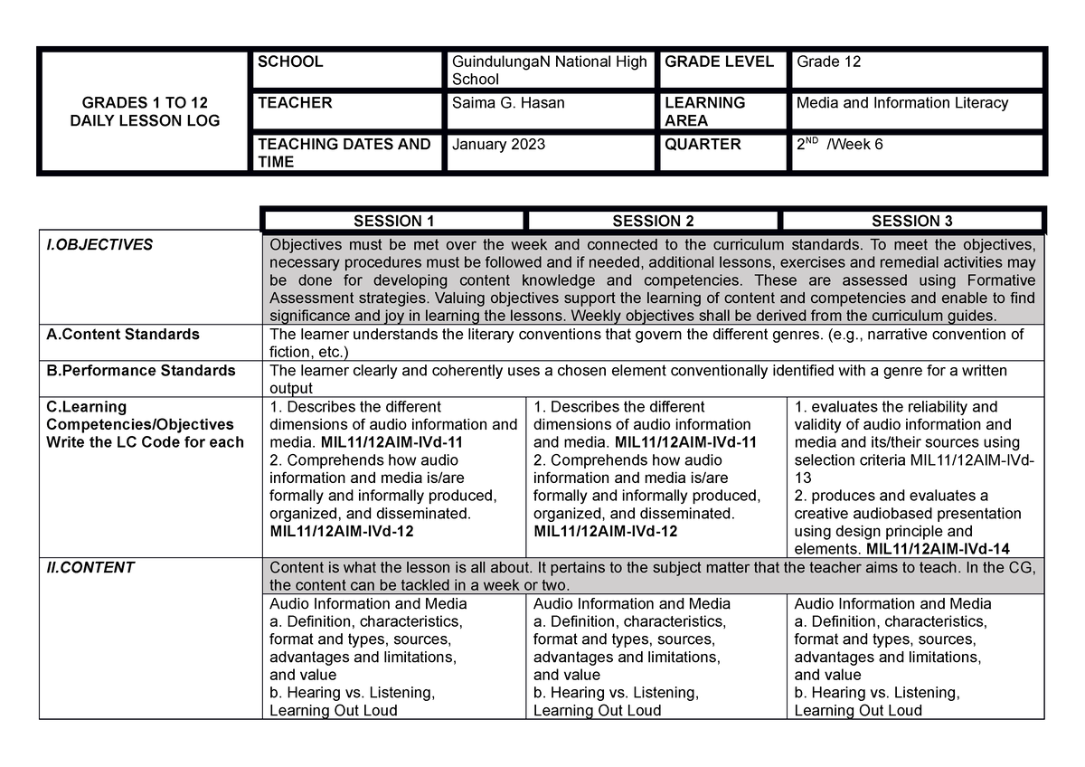 MIL DLL Quarter 2 6th WEEK - GRADES 1 TO 12 DAILY LESSON LOG SCHOOL ...