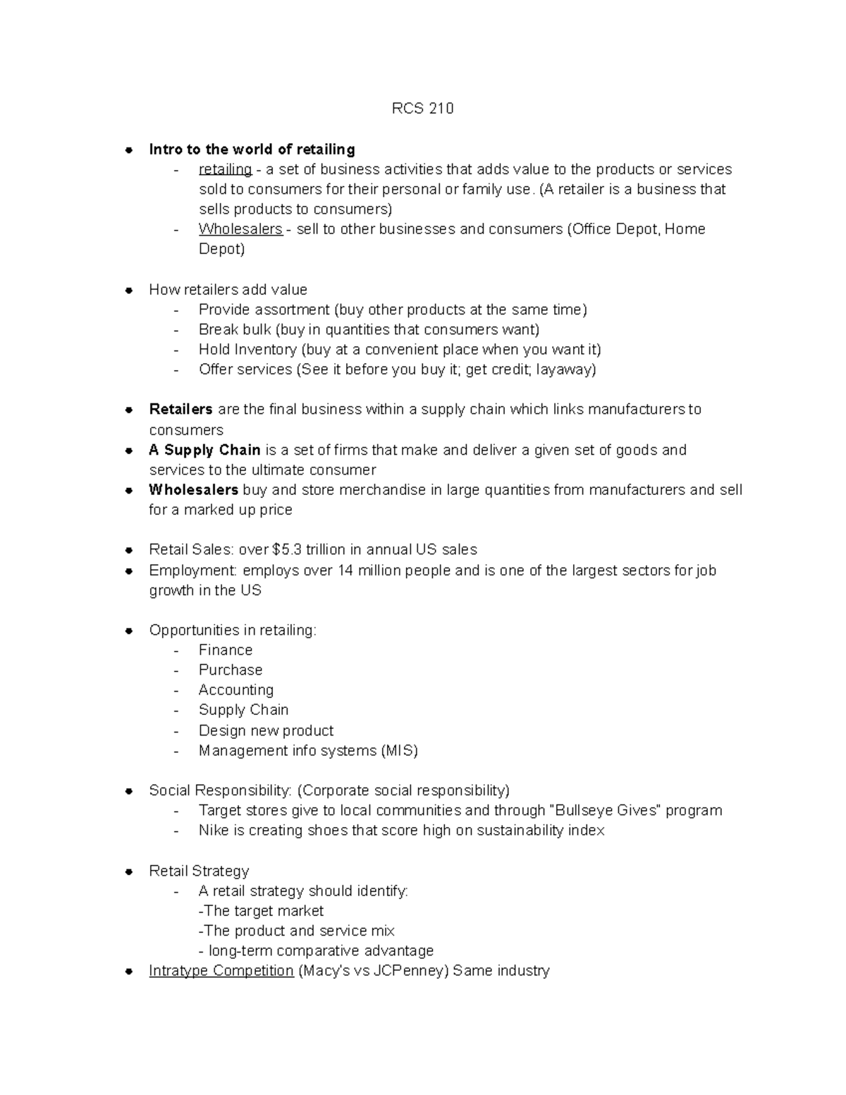RCS 210 - Lecture notes 1-4 - RCS 210 Intro to the world of retailing ...