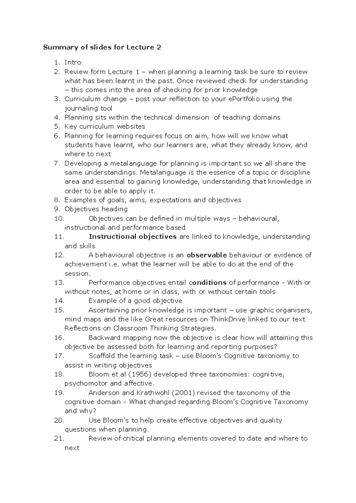 Course Provided PowerPoint notes - Summary of slides for Lecture 2 1 ...