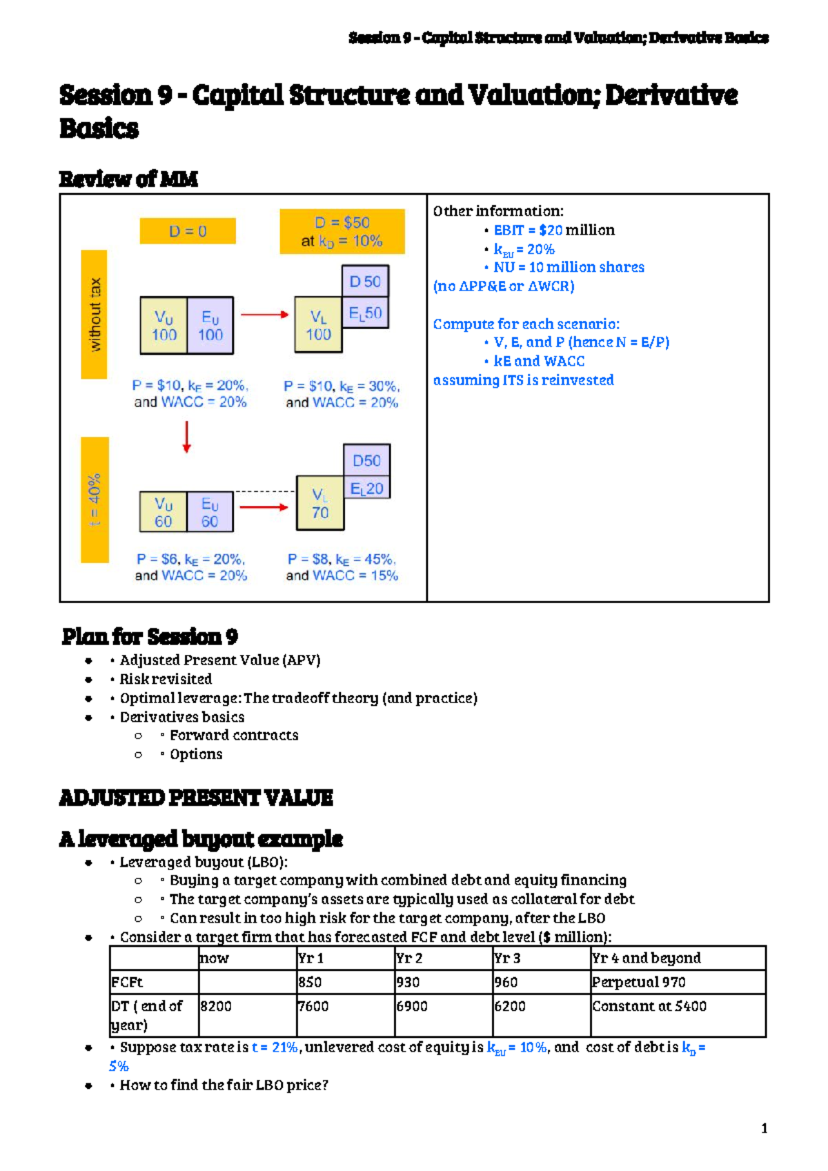 09-note - • Adjusted Present Value (APV) • Risk revisited • Optimal ...