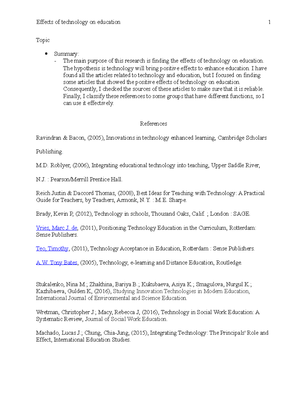 References list- NAV002 - Effects of technology on education 1 Topic ...