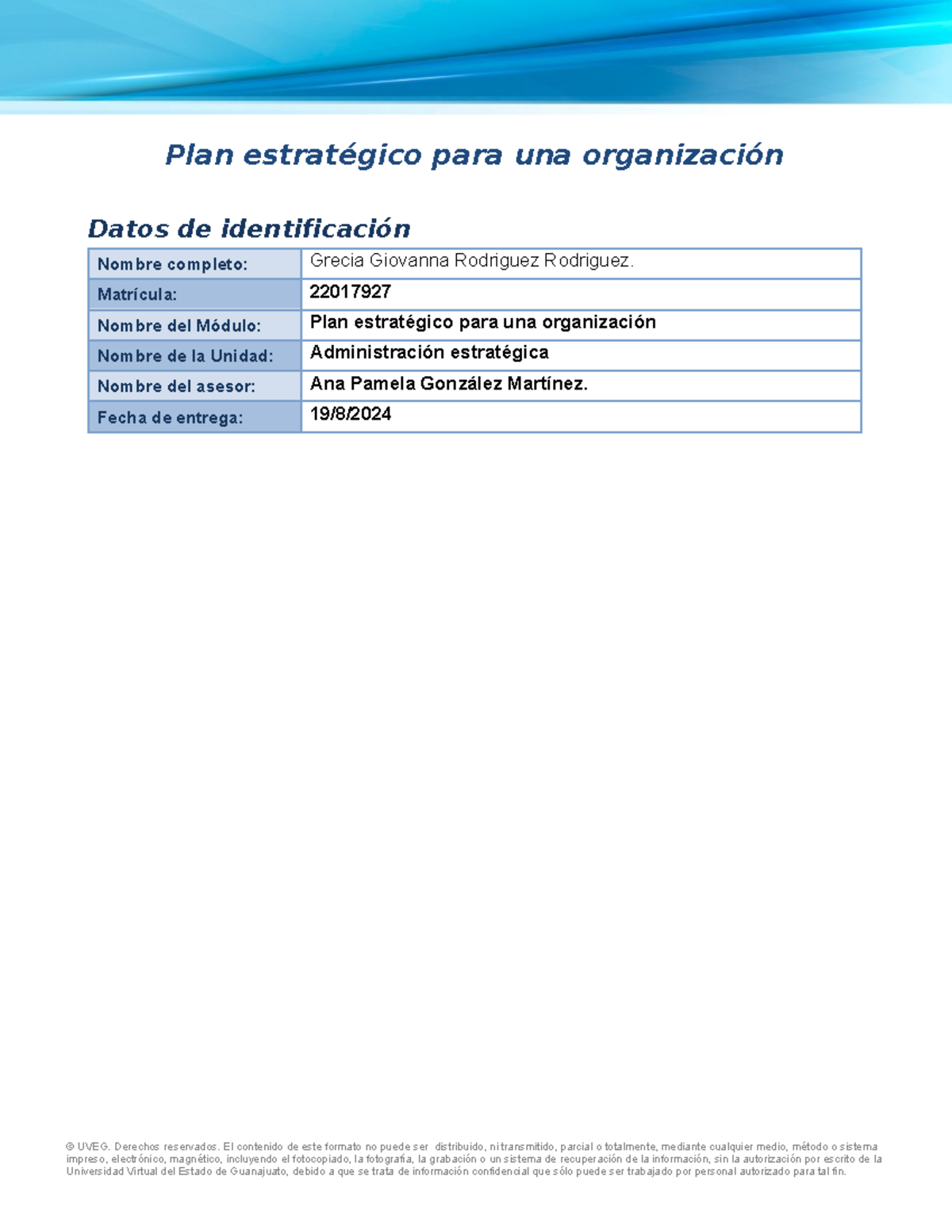 Formato Plan estrategico Plan estratégico para una organización Datos