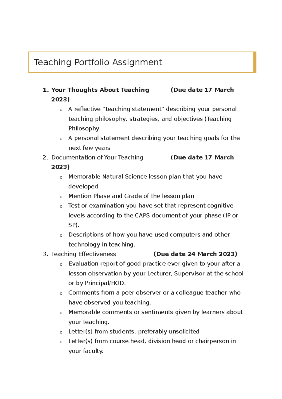 Teaching Portfolio Assignment - Teaching Portfolio Assignment Your ...